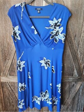 Chaps Blue Floral V-Neck A-Line Dress